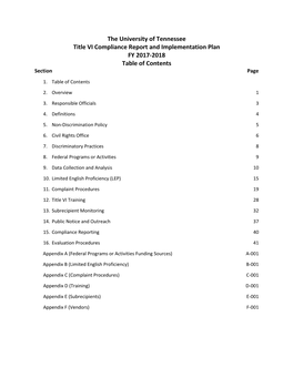 The University of Tennessee Title VI Compliance Report and Implementation Plan FY 2017-2018 Table of Contents Section Page