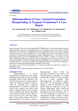 Rhinosporidiosis of Nose: Unusual Presentation Masquerading As Pyogenic Granuloma!!-A Case Report