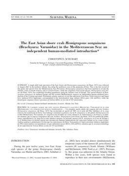 The East Asian Shore Crab Hemigrapsus Sanguineus (Brachyura: Varunidae) in the Mediterranean Sea: an Independent Human-Mediated Introduction*