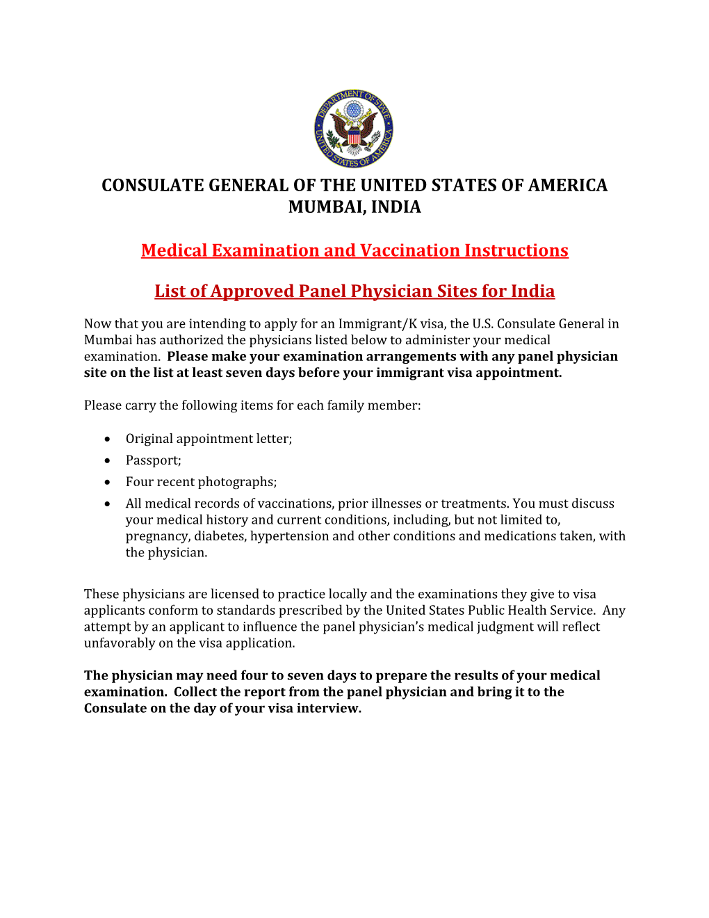 Medical Examination and Vaccination Instructions