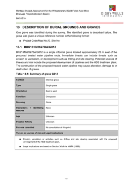 13 DESCRIPTION of BURIAL GROUNDS and GRAVES One Grave Was Identified During the Survey