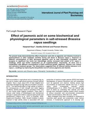 Effect of Jasmonic Acid on Some Biochemical and Physiological Parameters in Salt-Stressed Brassica Napus Seedlings