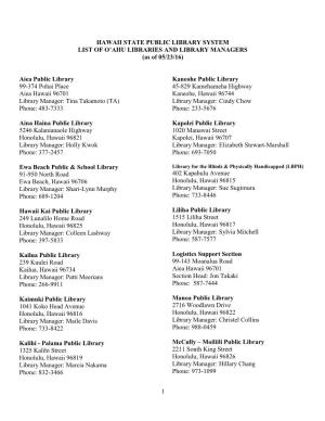 HAWAII STATE PUBLIC LIBRARY SYSTEM LIST of O’AHU LIBRARIES and LIBRARY MANAGERS (As of 05/23/16)