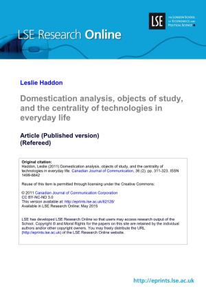 Domestication Analysis, Objects of Study, and the Centrality of Technologies in Everyday Life