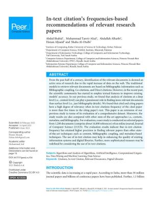 In-Text Citation's Frequencies-Based Recommendations of Relevant