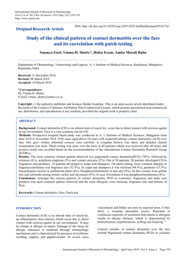 Study of the Clinical Pattern of Contact Dermatitis Over the Face and Its Correlation with Patch Testing