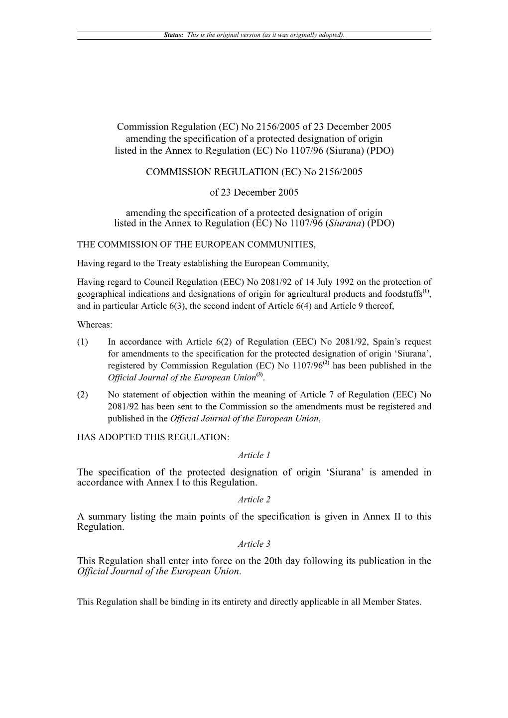 Commission Regulation (EC) No 2156/2005 Of