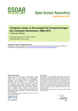 Computer Power to the People! Die Versprechungen Der Computer-Revolution, 1968-1973 Friedewald, Michael