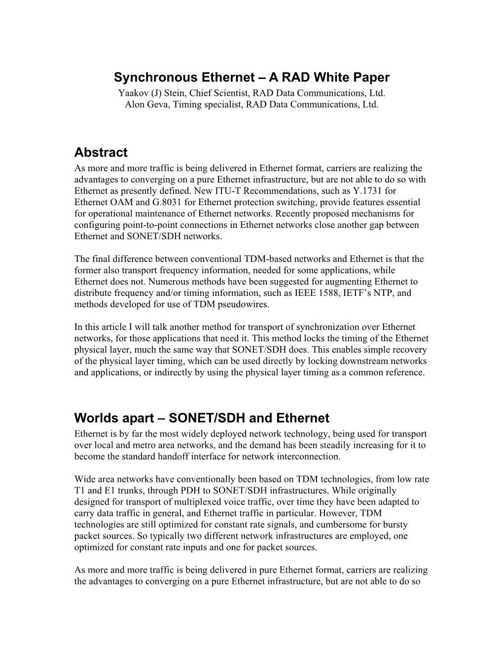 A RAD White Paper Abstract Worlds Apart – SONET/SDH and Ethernet
