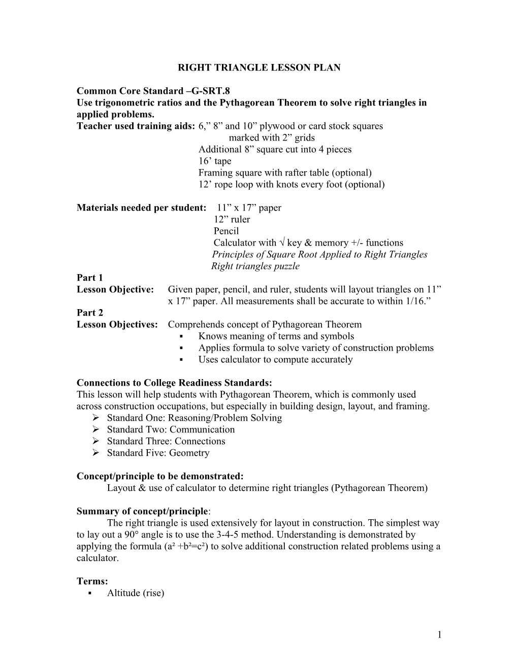 Right Triangle Lesson Plan