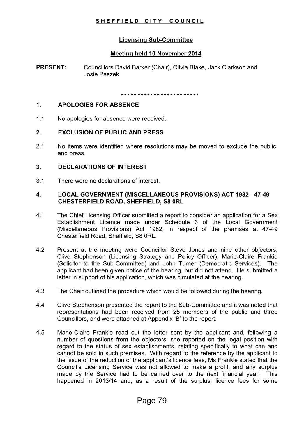 Page 79 Meeting of the Licensing Sub-Committee 10.11.2014