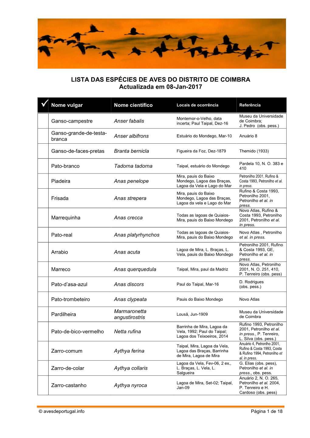 LISTA DAS ESPÉCIES DE AVES DO DISTRITO DE COIMBRA Actualizada Em 08-Jan-2017