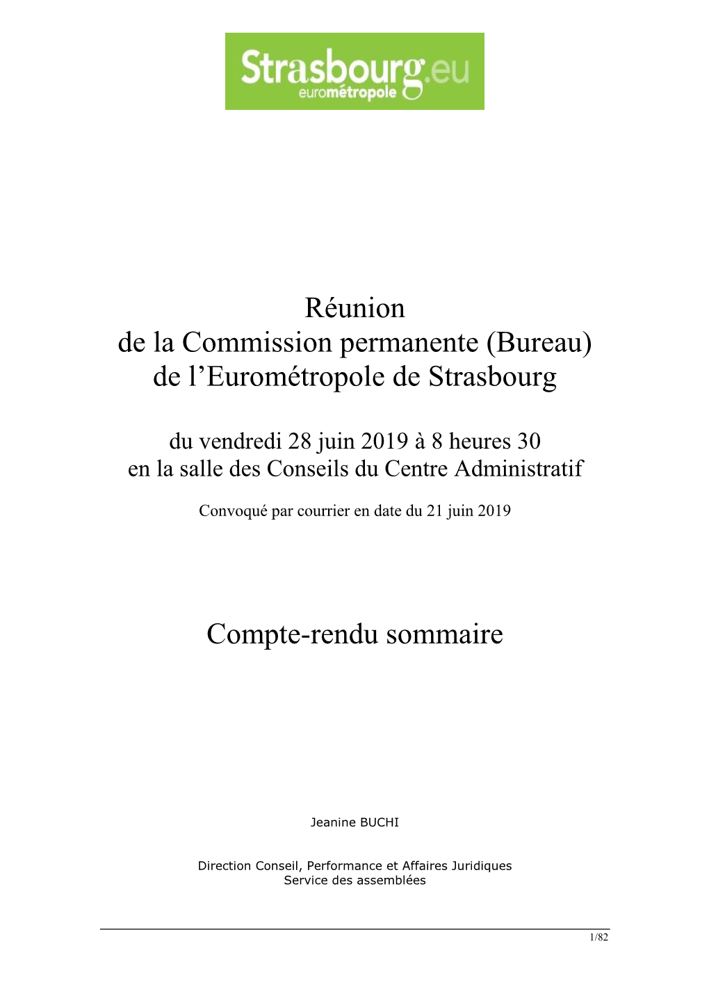 De L'eurométropole De Strasbourg Compte-Rendu Sommaire