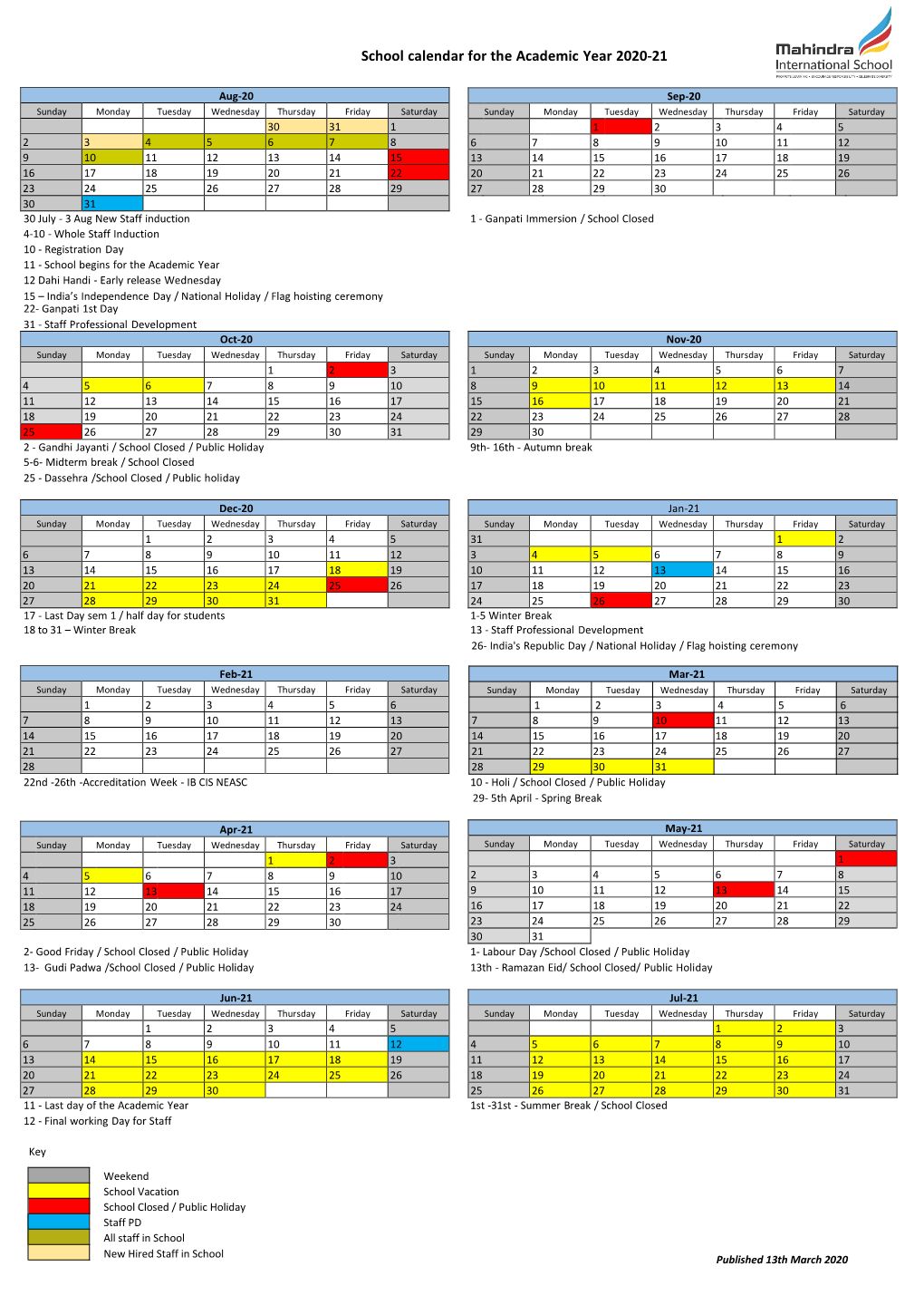 School Calendar for the Academic Year 2020-21