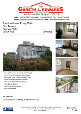 Balsdon House Priory Walk Elm Terrace Ogmore Vale. CF32