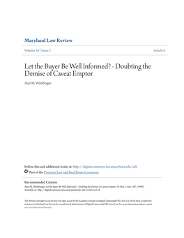 Let the Buyer Be Well Informed? - Doubting the Demise of Caveat Emptor Alan M
