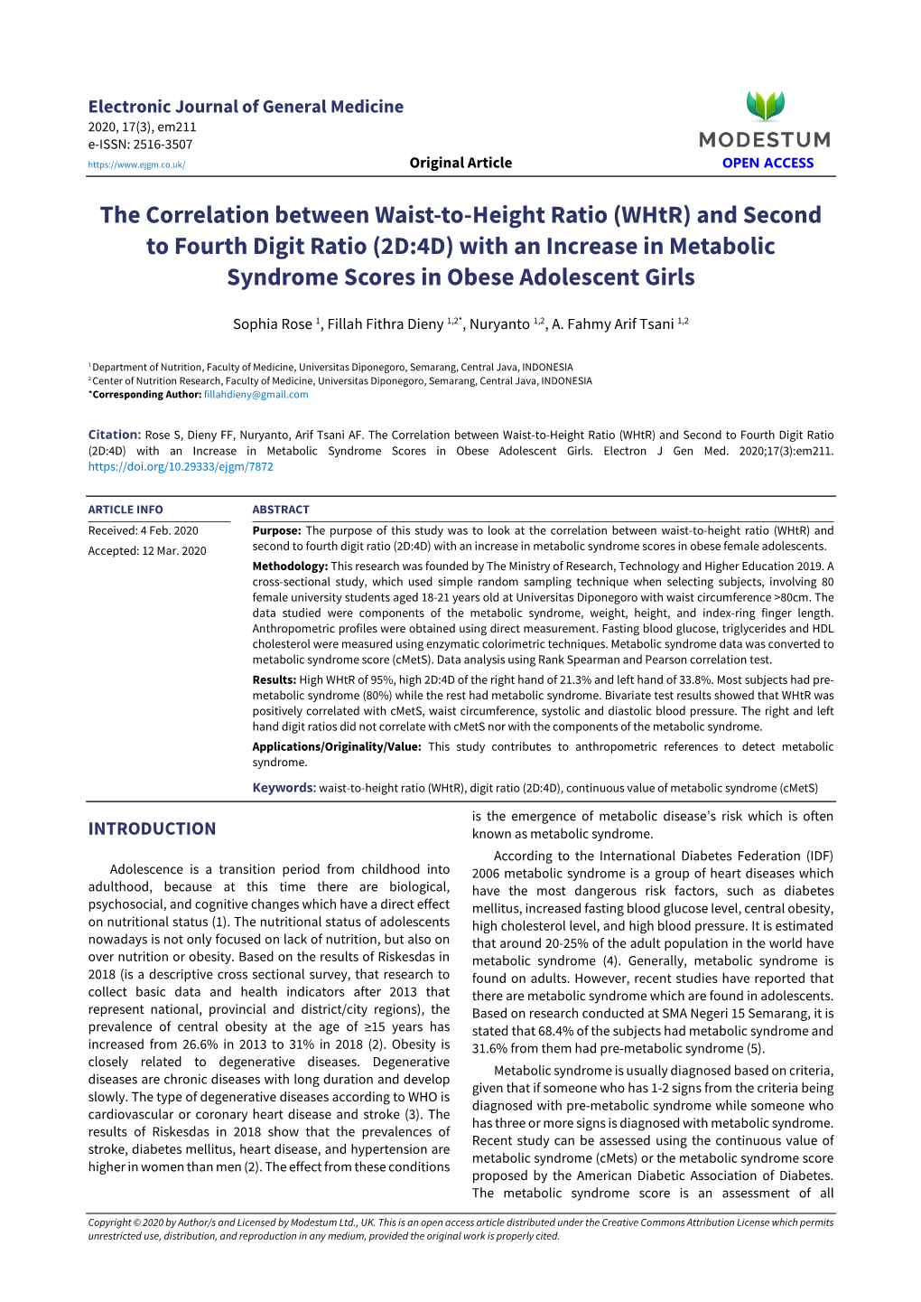 (Whtr) and Second to Fourth Digit Ratio (2D:4D) with an Increase in Metabolic Syndrome Scores in Obese Adolescent Girls