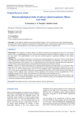Histomorphological Study of Salivary Gland Neoplasms: Fifteen Year Study