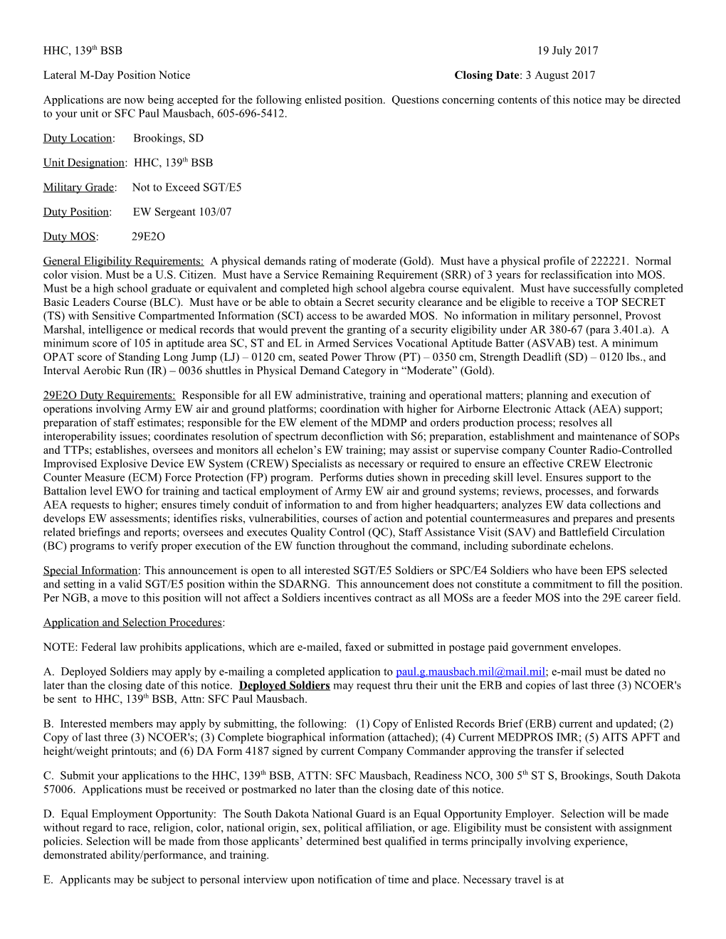 Lateral M-Day Position Notice Closing Date: 3 August 2017