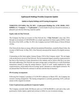 Cypherpunk Holdings Provides Corporate Update on Equity