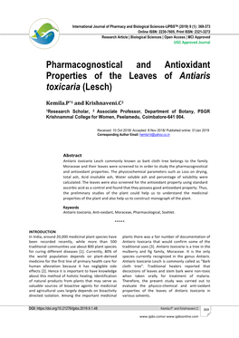 Pharmacognostical and Antioxidant Properties of the Leaves of Antiaris Toxicaria (Lesch)