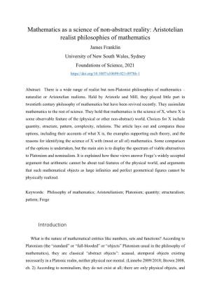 Mathematics As a Science of Non-Abstract Reality: Aristotelian Realist Philosophies of Mathematics