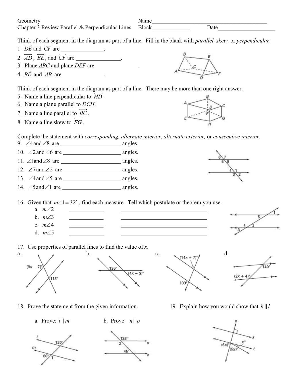 Geometry Name______Chapter 3 Review Parallel & Perpendicular Lines ...