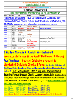 9 Nights of Navratris & 10Th Night Vijaydashmi with Internationally Famous Singer Pandit Shri Banwari Ji Maharaj from Vrinda