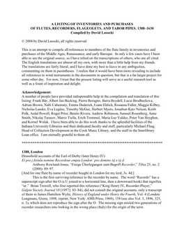 A LISTING of INVENTORIES and PURCHASES of FLUTES, RECORDERS, FLAGEOLETS, and TABOR PIPES, 1388–1630 Compiled by David Lasocki