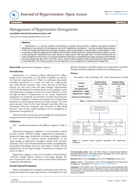 Management of Hypertensive Emergencies Jaya Mallidi, Srikanth Penumetsa and Amir Lotfi* the Division of Cardiology, Baystate Medical Center, USA