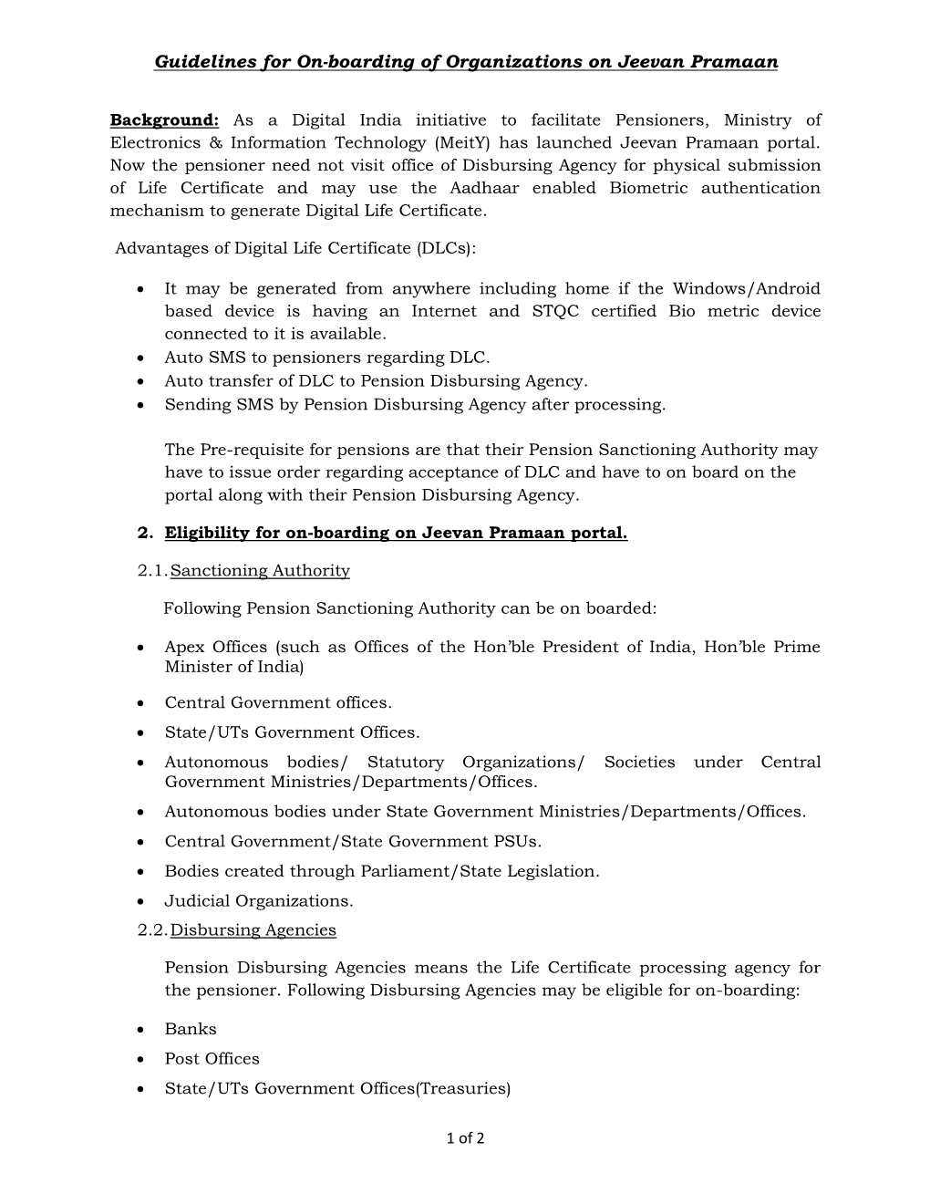 Guidelines for On-Boarding of Organizations on Jeevan Pramaan