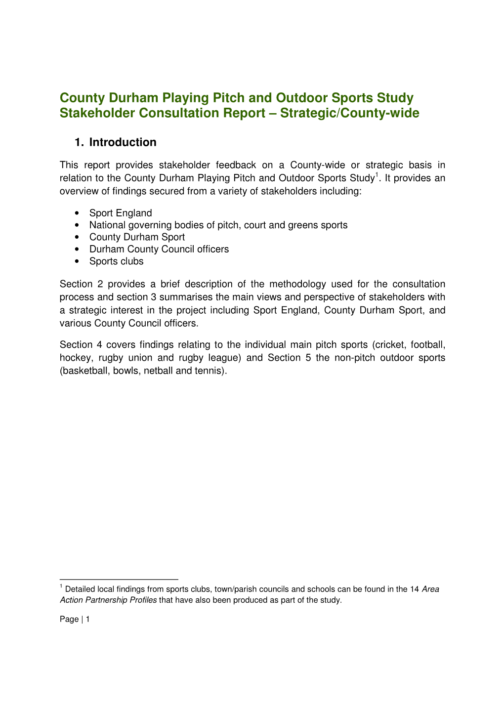 County Durham Playing Pitch and Outdoor Sports Study Stakeholder Consultation Report – Strategic/County-Wide