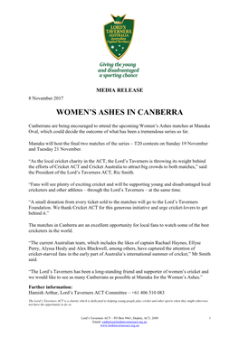 Women's Ashes in Canberra