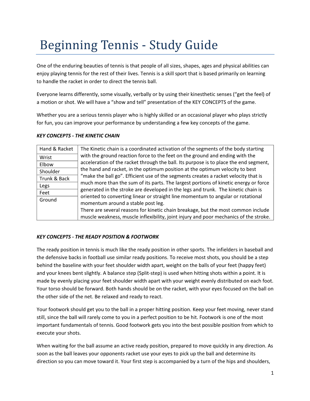 Beginning Tennis - Study Guide