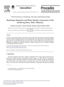 Hydrology Properties and Water Quality Assessment of the Sembrong Dam, Johor, Malaysia