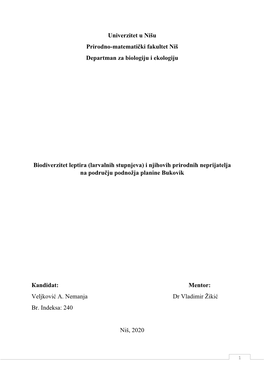 Univerzitet U Nišu Prirodno-Matematički Fakultet Niš Departman Za Biologiju I Ekologiju Biodiverzitet Leptira (Larvalnih Stup