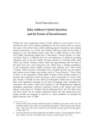 John Ashbery's Quick Question and Its Forms of Inventiveness