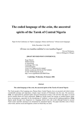 The Coded Language of the Orim, the Ancestral Spirits of the Tarok of Central Nigeria