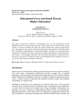 Educational Fever and South Korean Higher Education. Revista Electronica De Investigacion Y Educativa, 8 (1)