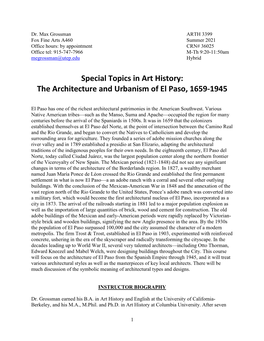 Special Topics in Art History: the Architecture and Urbanism of El Paso, 1659-1945