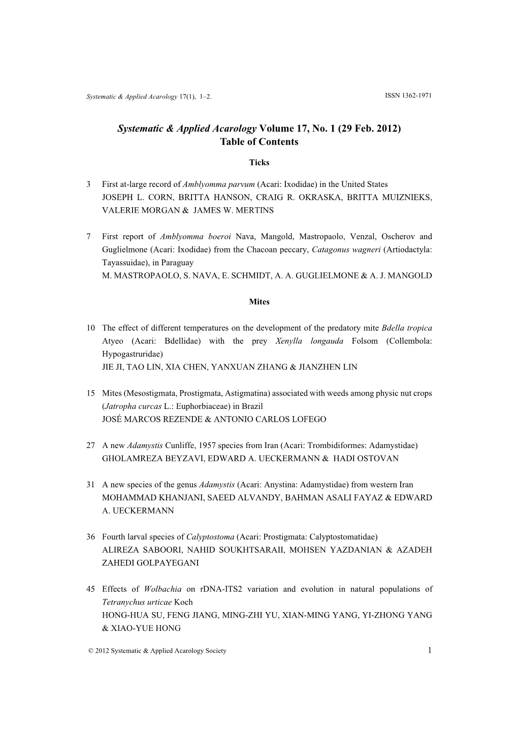 Systematic & Applied Acarology Volume 17, No. 1 (29 Feb. 2012) Table of Centents