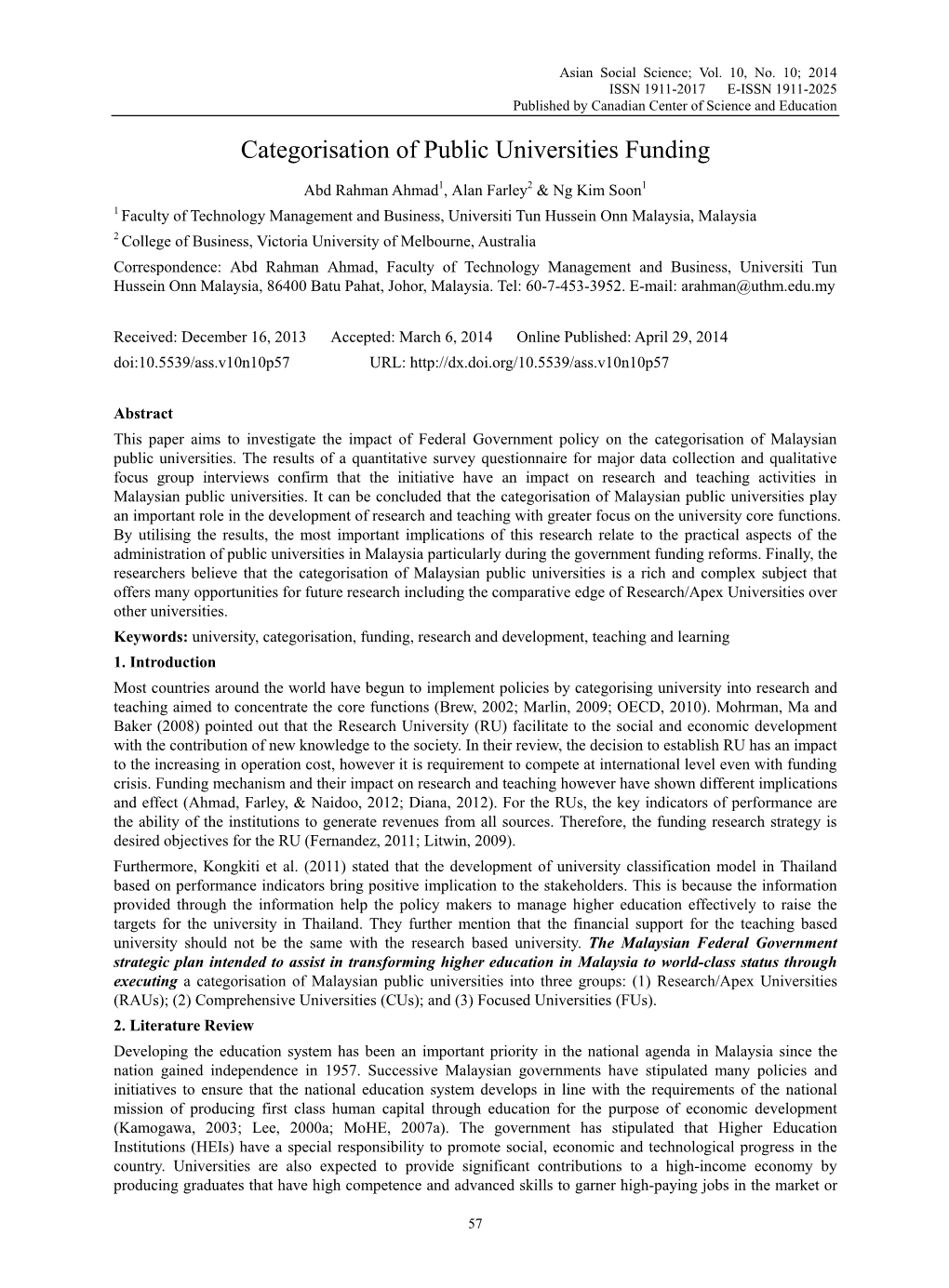 Categorisation of Public Universities Funding