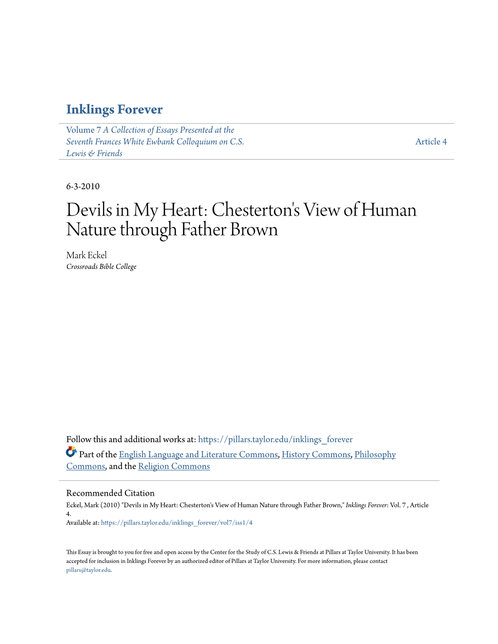 Chesterton's View of Human Nature Through Father Brown Mark Eckel Crossroads Bible College