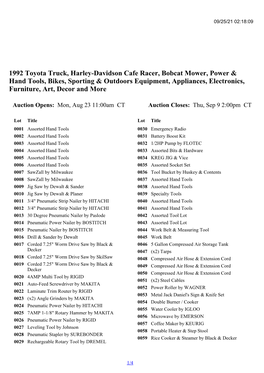 1992 Toyota Truck, Harley-Davidson Cafe Racer, Bobcat Mower, Power