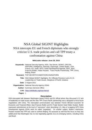 NSA Global SIGINT Highlights NSA Intercepts EU and French Diplomats Who Strongly Criticize U.S