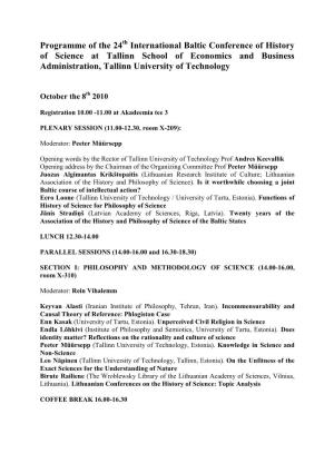 Programme of the 24 International Baltic Conference of History of Science at Tallinn School of Economics and Business Administra