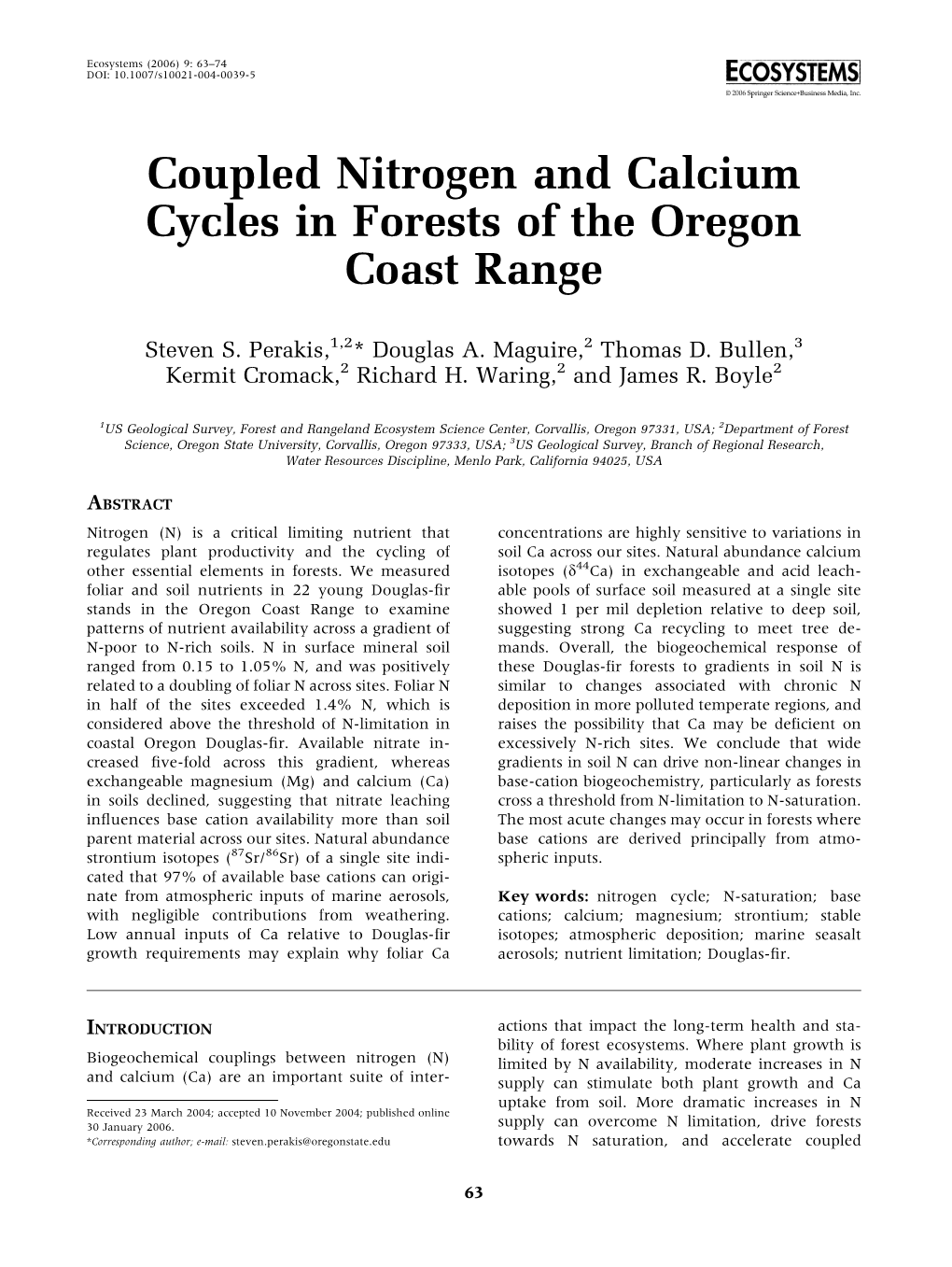 Coupled Nitrogen and Calcium Cycles in Forests of the Oregon Coast Range