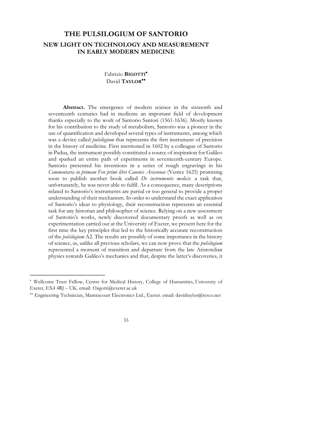 The Pulsilogium of Santorio New Light on Technology and Measurement in Early Modern Medicine