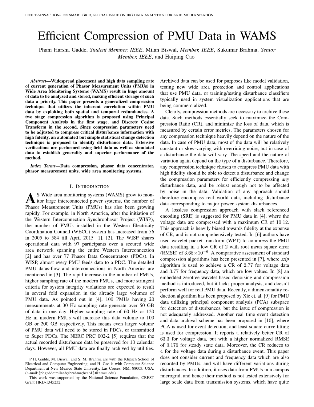 Efficient Compression of PMU Data in WAMS