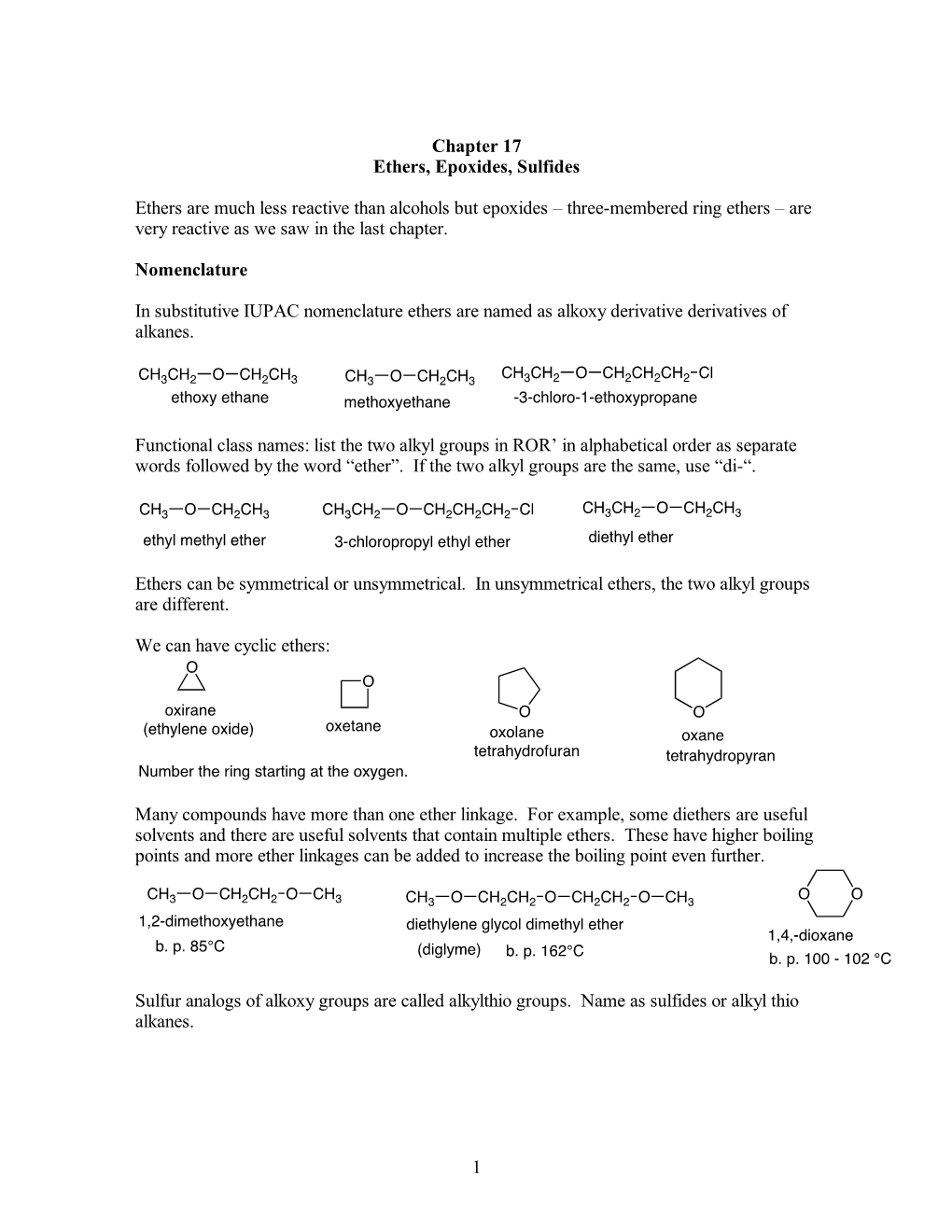 1 Chapter 17 Ethers, Epoxides, Sulfides Ethers Are Much Less